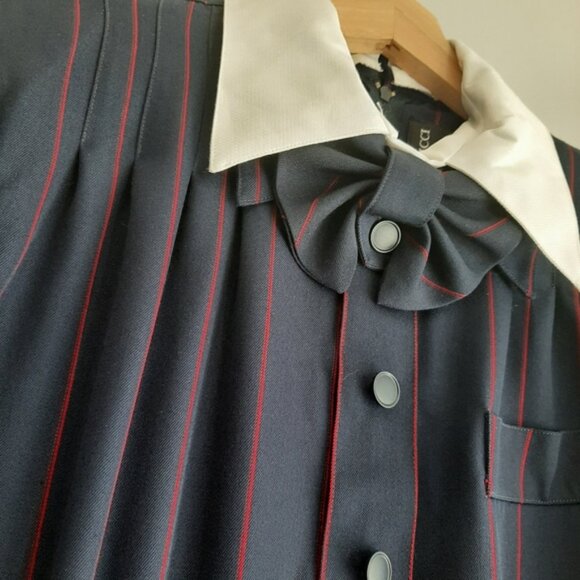 NINA RICCI Retro Maxi Length Long Pin-Stripe Dress White Collar Navy Blue Sz 12 - Picture 9 of 16